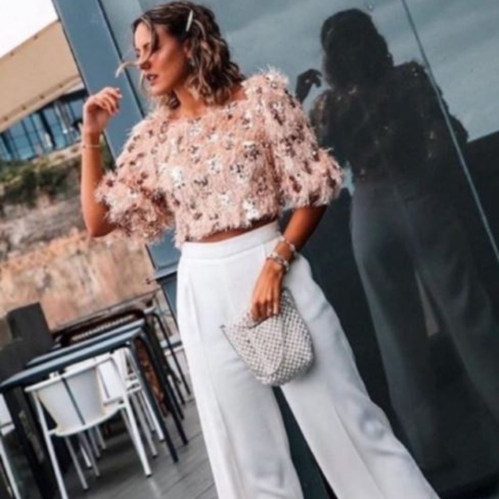Zara fluffy rose gold cropped top with sequins